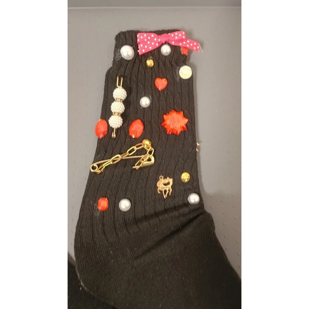 Embellished Crew Socks Womens OS Black Good DIY Kitsch Maximalist